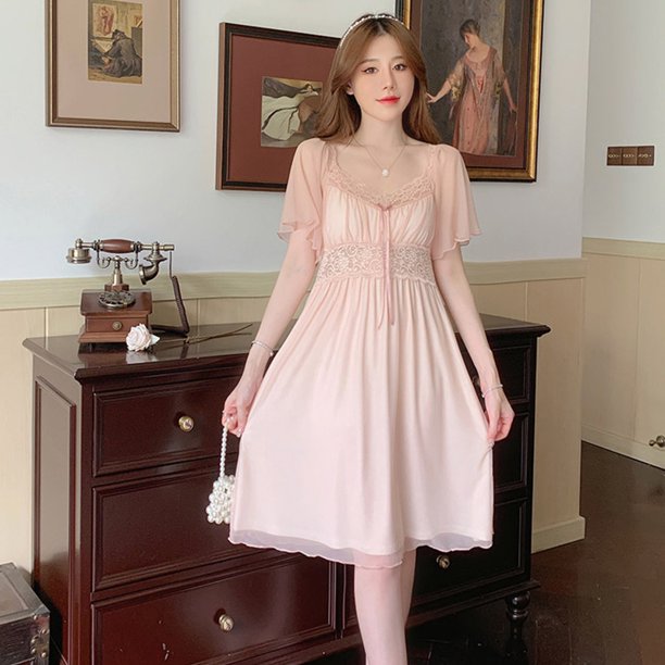 Camisones de seda satinada de manga corta para mujer, ropa de dormir de encaje, vestido dulce con lazo, lencería Sexy, camisón para el hogar