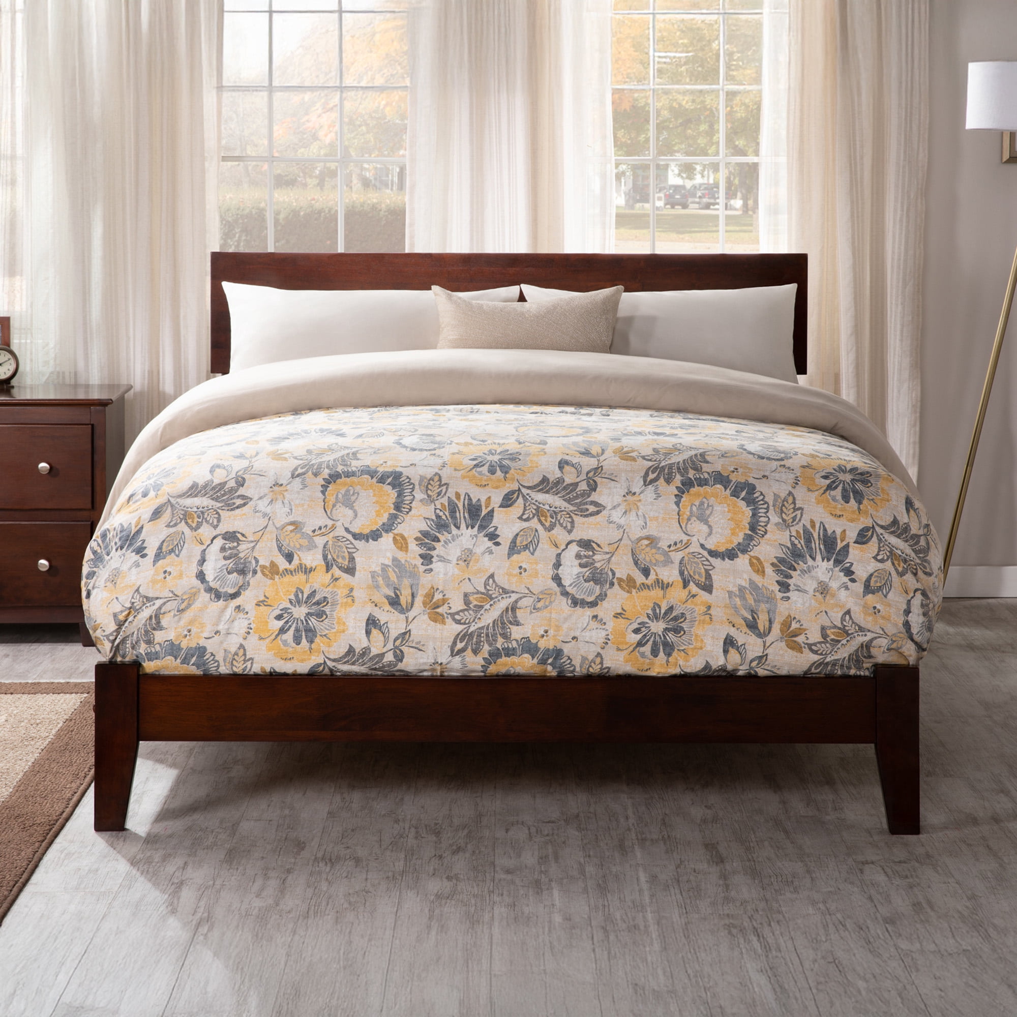 AFI Orlando Full Low Profile Wood Platform Bed Frame with Panel Headboard, Walnut