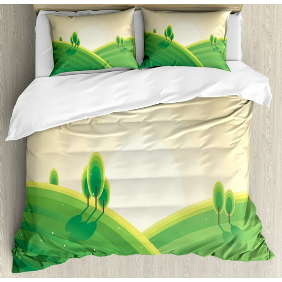 Celtic Green Duvet Cover Set King Size, Morning Sun Rural Landscape Trees Hills Illustration, Decorative 3 Piece Bedding Set with 2 Pillow Shams, Champagne Jade Green and Fern Green, by Ambesonne