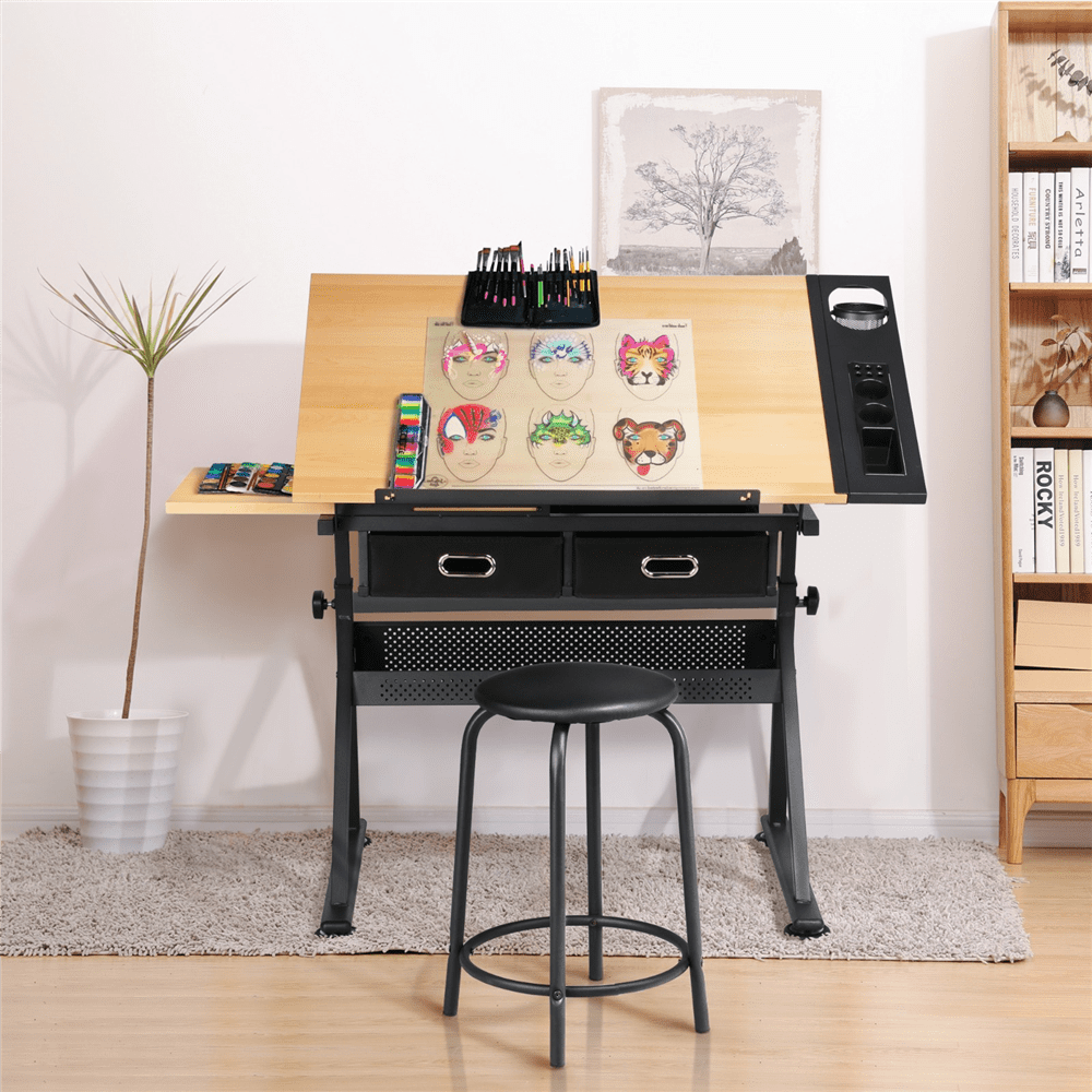 Alden Design Adjustable Drafting Table with Stool, Oak