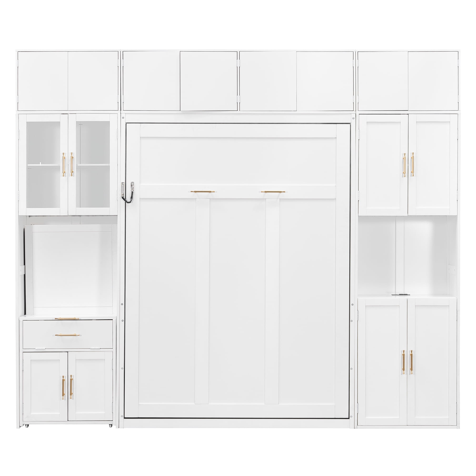 Full Size Murphy Bed with Storage Hutch, Writing Desk, USB, LED Lighted for Small Space, Guest Room