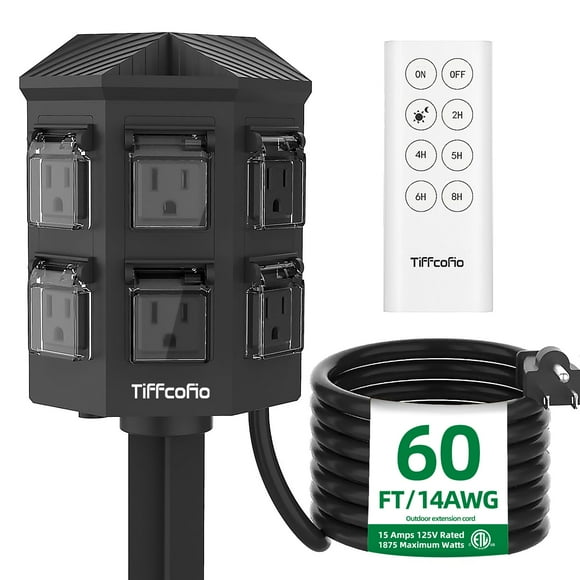 TiFFCOFiO Outdoor Power Strip with 60 FT Extension Cord, 100FT Remote Control, Dusk to Dawn Light Timer Waterproof, 6 Grounded Outlets for Yard, Pool