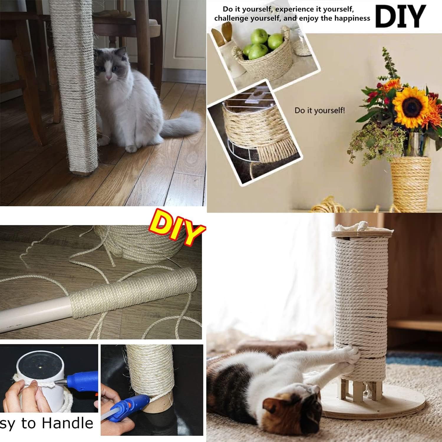 Natural Sisal White Rope for Cat Scratcher Scratching Post Replacement 1/4 inch Cat Tree Sisal Rope for Repairing, Recovering or DIY Cat Scratcher 50/100 / 164 Feet