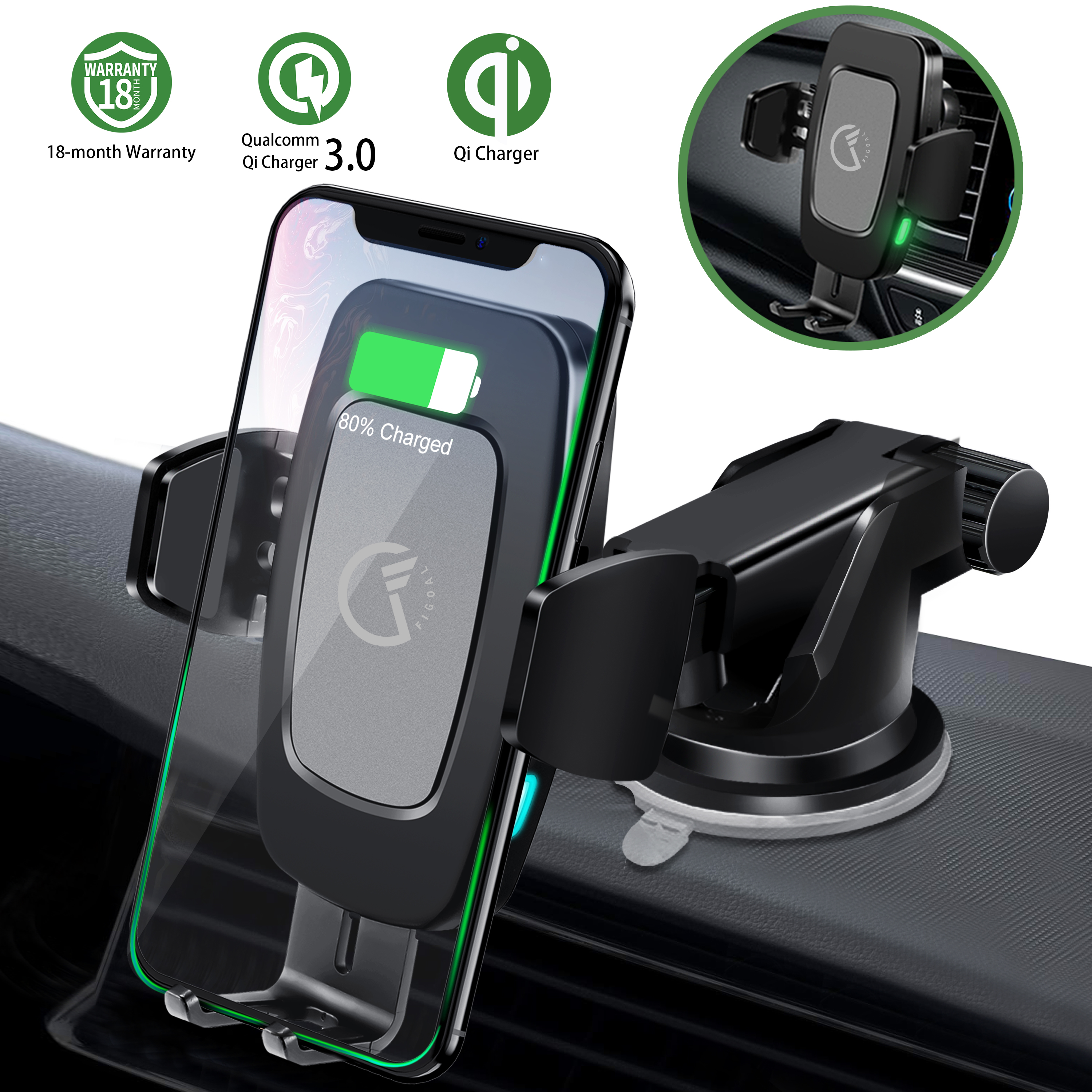 FiGoal USBC Qi Wireless Car Charger Mount Bonus QC 3.0