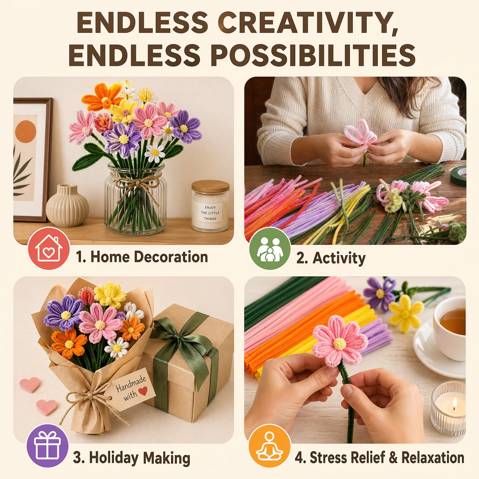 900Pcs Pipe Cleaners Craft Pipe Cleaners Flowers Kit 9 Color Chenille Stem with 40 Stem Glue Stick Floral Tape Stamen Ribbon Wrapping Paper Handmade Bouquet for Arts DIY Craft Supplies