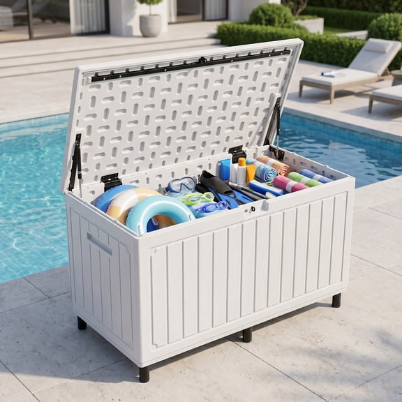 Uforic 90 Gallon Lockable Outdoor Storage Deck Box, Waterproof Resin Bin with Wheels, White