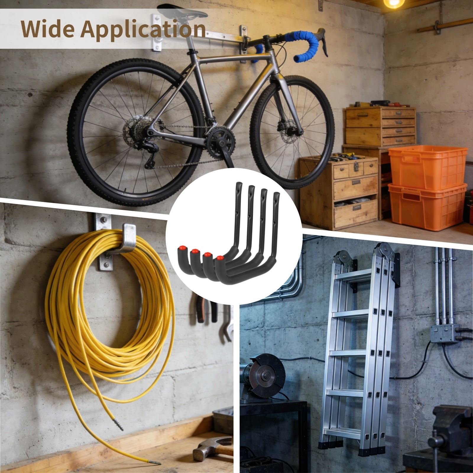 4 PCS Garage Storage Ladder Hooks, 9.8 in Wall Mount Utility Hooks, Heavy Duty Carbon Steel Storage Hangers with EVA Padding, Garage Wall J Hooks for Ladders Bikes Tools Holds up to 100 lbs