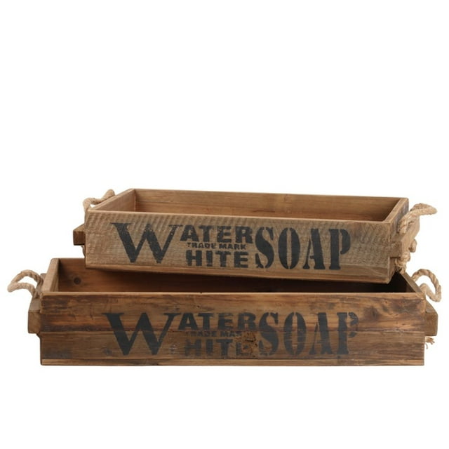 Rectangular Wooden Tray with Rope Side Handles, Set of 2, Brown