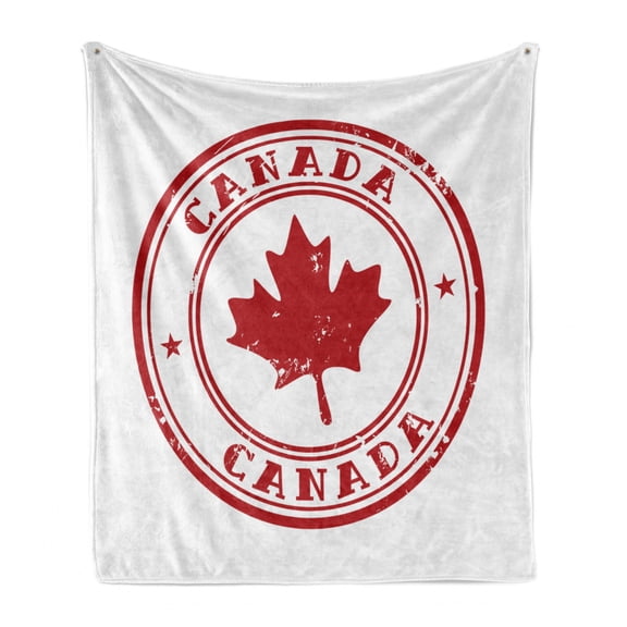 Canada Soft Flannel Fleece Throw Blanket, Rubber Stmap Print with Canadian Flag Motif Maple Silhouette in a Circle, Cozy Plush for Indoor and Outdoor Use, 50" x 60", Vermilion and White, by Ambesonne