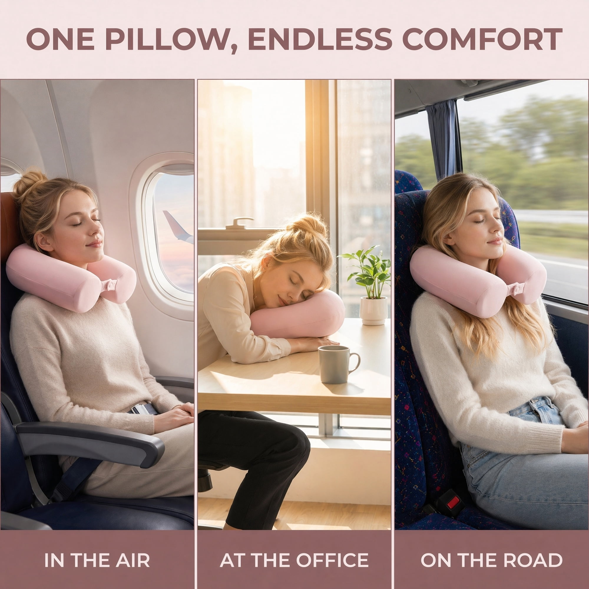Unique Bargains Memory Foam Neck Pillow U Shape Snap Closure for Airplane Pink 25"x4"