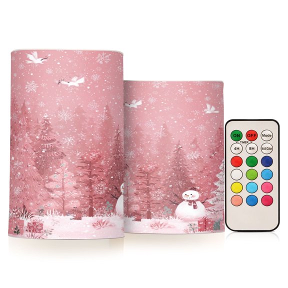 Set of 2 Flameless Candles Lights with Remote Control Flickering LED Candles Electric Candles for Home Decor Parties Christmas Forest with Snowmen