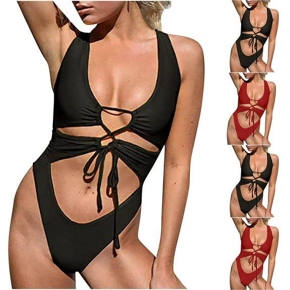 UTSJKR Women's Sexy High Cut One Piece Swimsuit Cutout Thong Monokini Bathing Suit Lace Up Bikini Swimwear Wine M