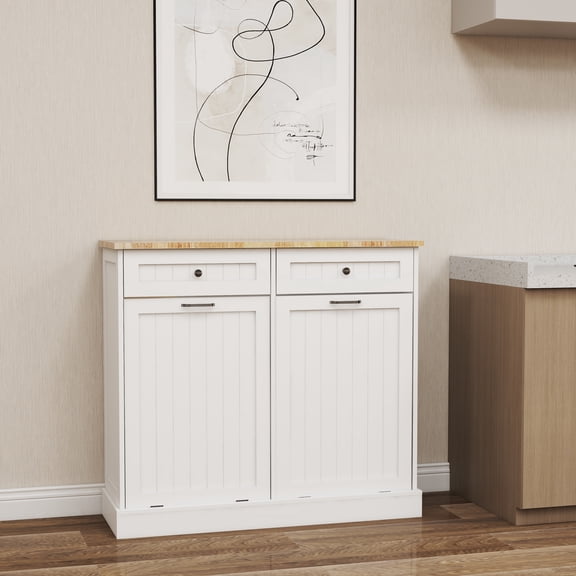 Tilt Out Trash Cabinet 20 Gallon with 2 Hideaway Compartments Kitchen Trash Recycling Cabinet With 2 Drawers & Wood Tabletop