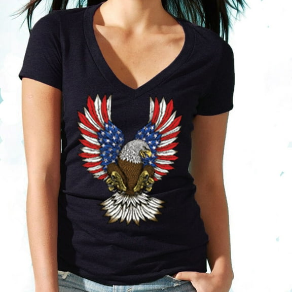 American USA Flag Eagle Printed Women V-neck Tee Shirt Color Black Small