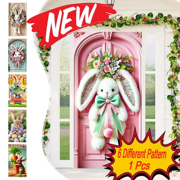 KOYPTL Cute Easter Decorations Door Cover for Home Decor Bunny Eggs House Fabric Backdrop Door Porch Covers Holiday Door Cover for Spring Easter Festival Party Supplies(71*35inch)