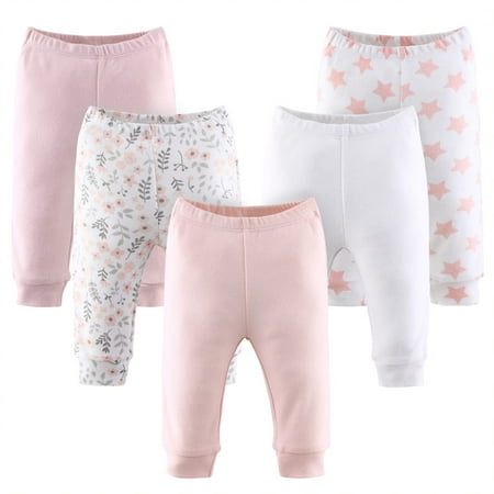 UPC: 0841297158216 | The Peanutshell Baby Pants for Girls 5 Pack Pink White Floral Stars