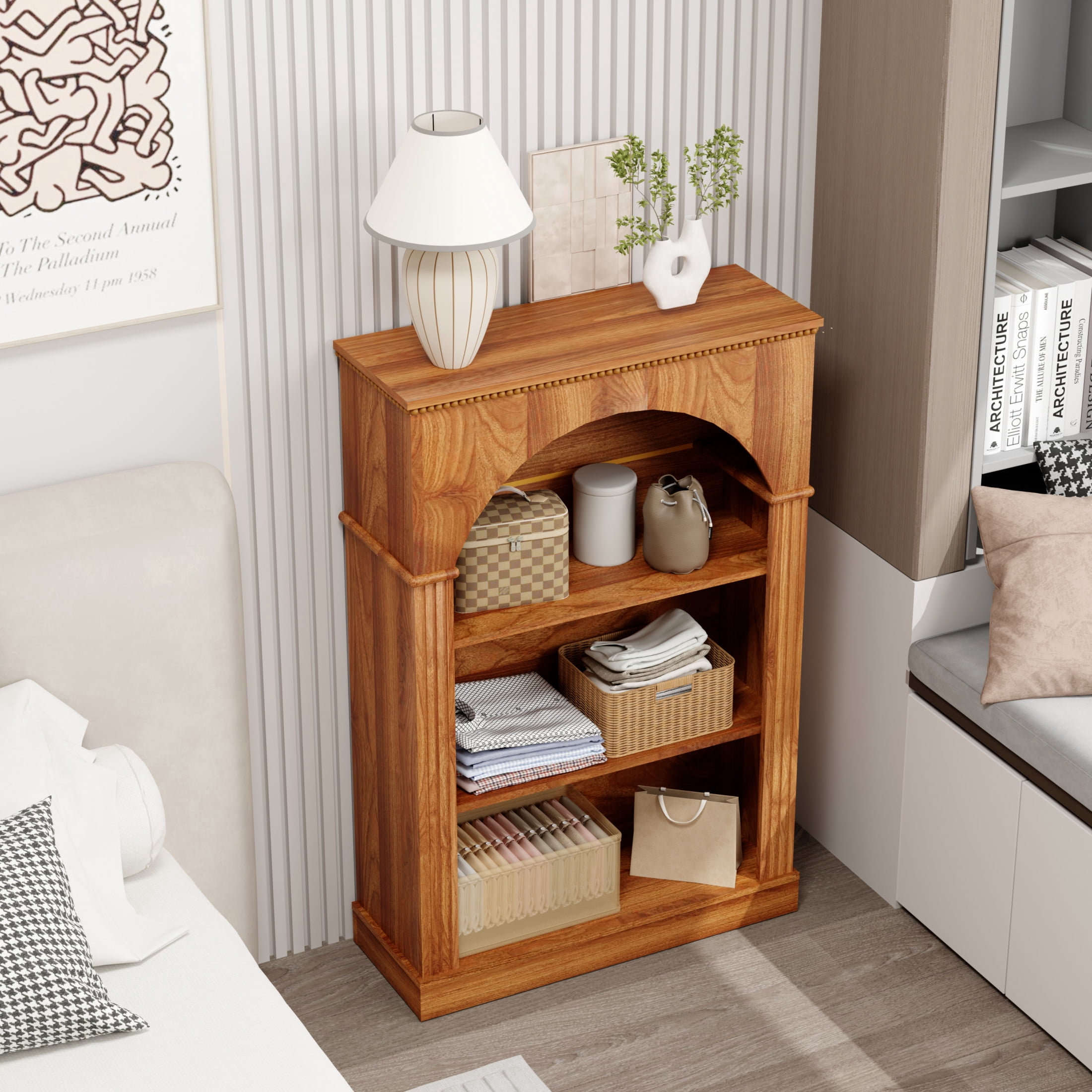 Noble House 48" Arched Bookcase, 3-Tier Open Bookshelf with Decorative Beaded Trim, Walnut
