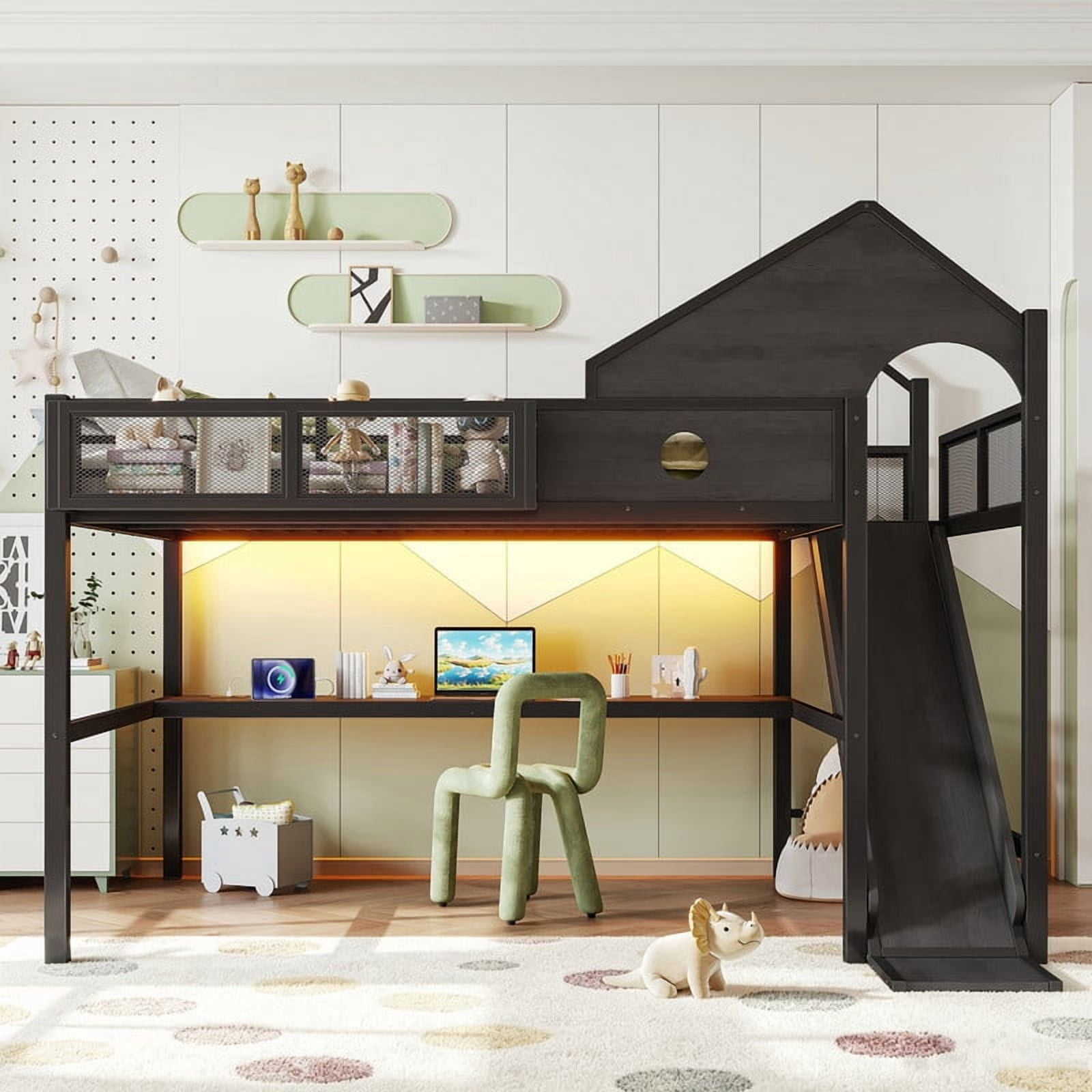 Queen Size House Shaped Kids Loft Bed with Slide, Teens Metal Bed Frame with LED Lights, Desk, Power Outlet & Storage Shelf