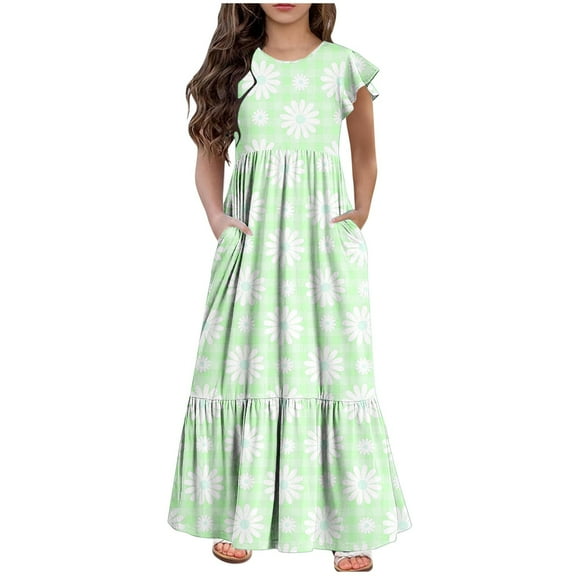 Girls Dresses Casual Flowy Floral Print Dress Ruffle Short Sleeve Long Pleated Dresses