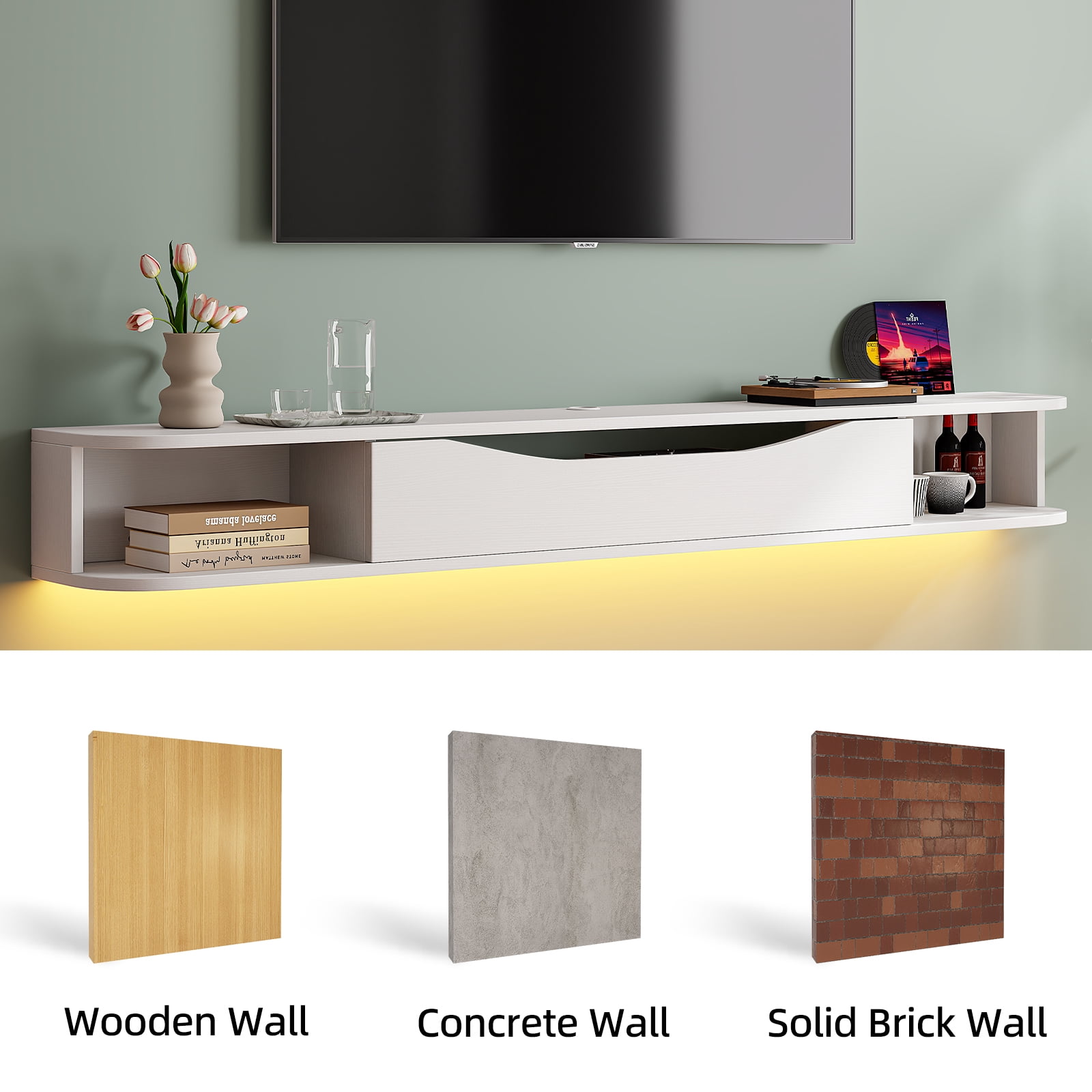 FloatiCasa 55" Floating TV Stand Wall Mounted TV Console for TVs up to 60" Entertainment Center Floating TV Shelf(White)