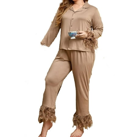 

Casual Lapel Pant Sets Long Sleeve Camel Plus Size Pajama Sets (Women s)