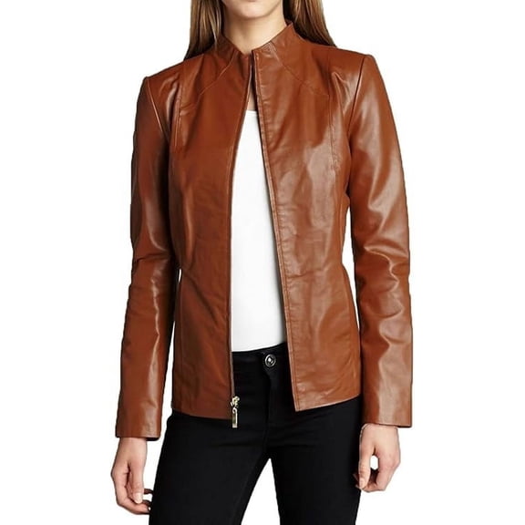 Women's Genuine Tan Lambskin Leather Jacket Motorcycle Slim Fit Biker Jacket W279