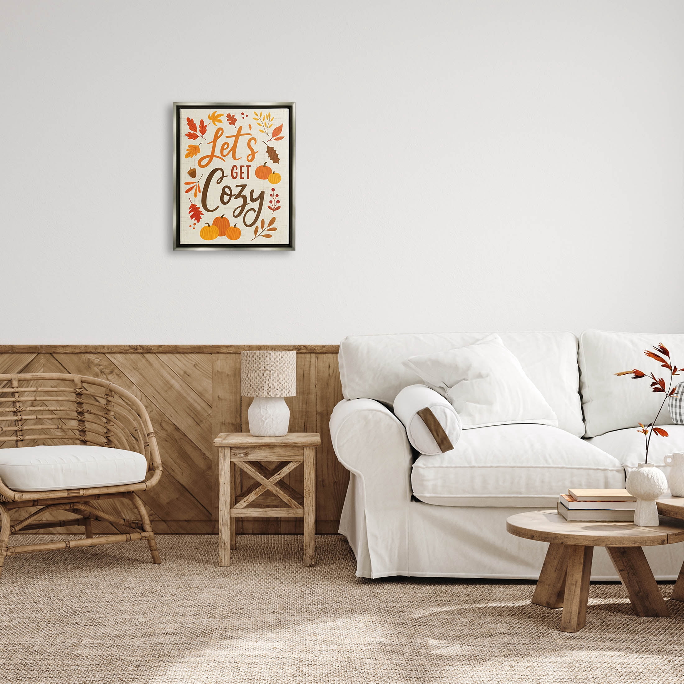 Lets Get Cozy Autumnal Leaf Sprigs Holiday Graphic Art Luster Gray Framed Art Print Wall Art