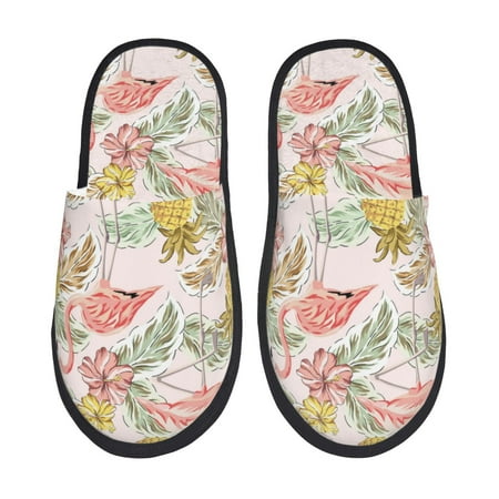 Balery Tropical Pink Flamingo Pineapple Slient Indoor Furry Fleece Comfort House Shoes Soft Non-Slip Home Shoes Cotton slippers House Slippers-- Medium