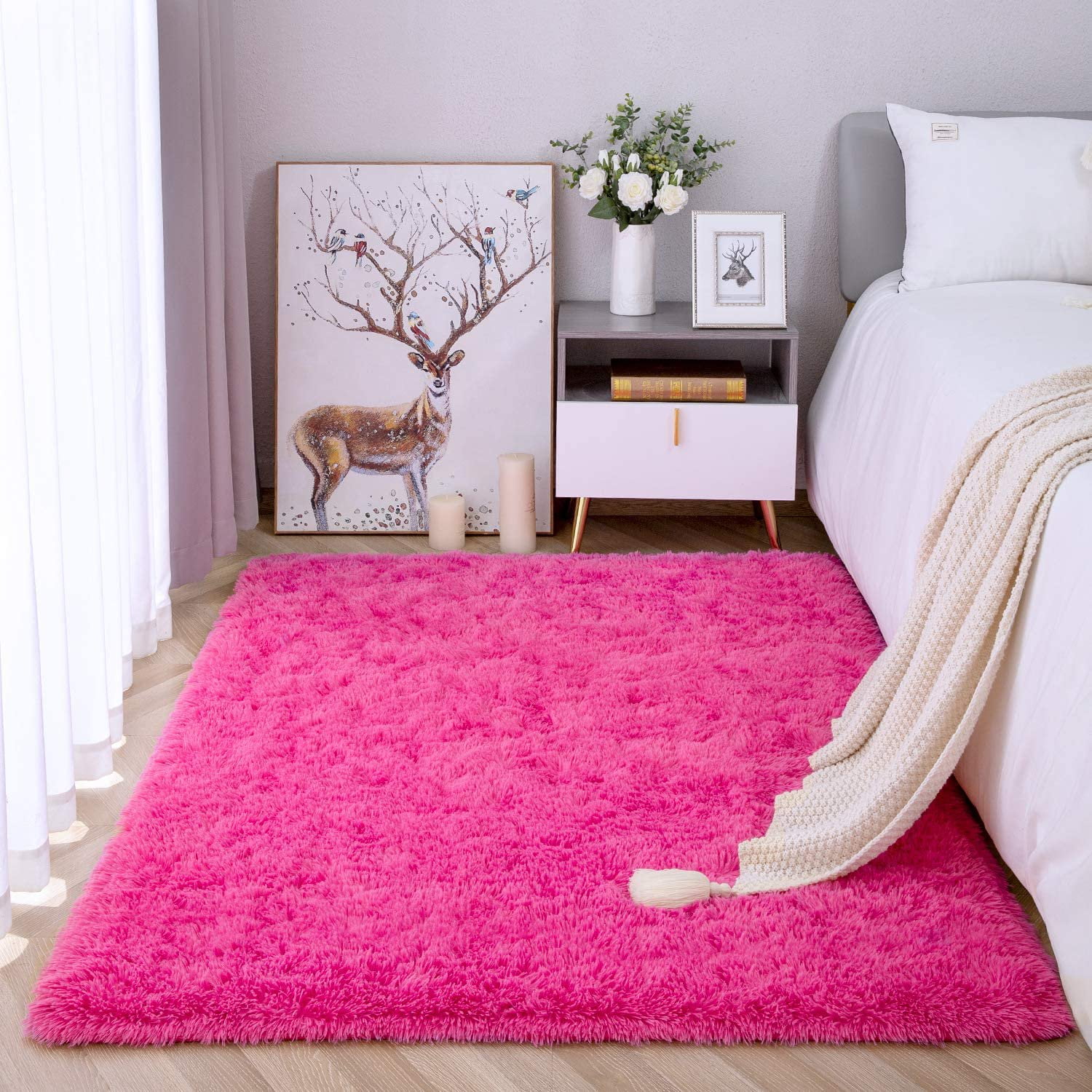  Ophanie Light Pink Area Rugs for Bedroom Girls, Fluffy Fuzzy  Furry Shag Carpet, Plush Soft Cute Kids Baby Shaggy Bedside 4x5.3 Indoor  Floor Rug for Teen Dorm Home Decor Aesthetic, Nursery 