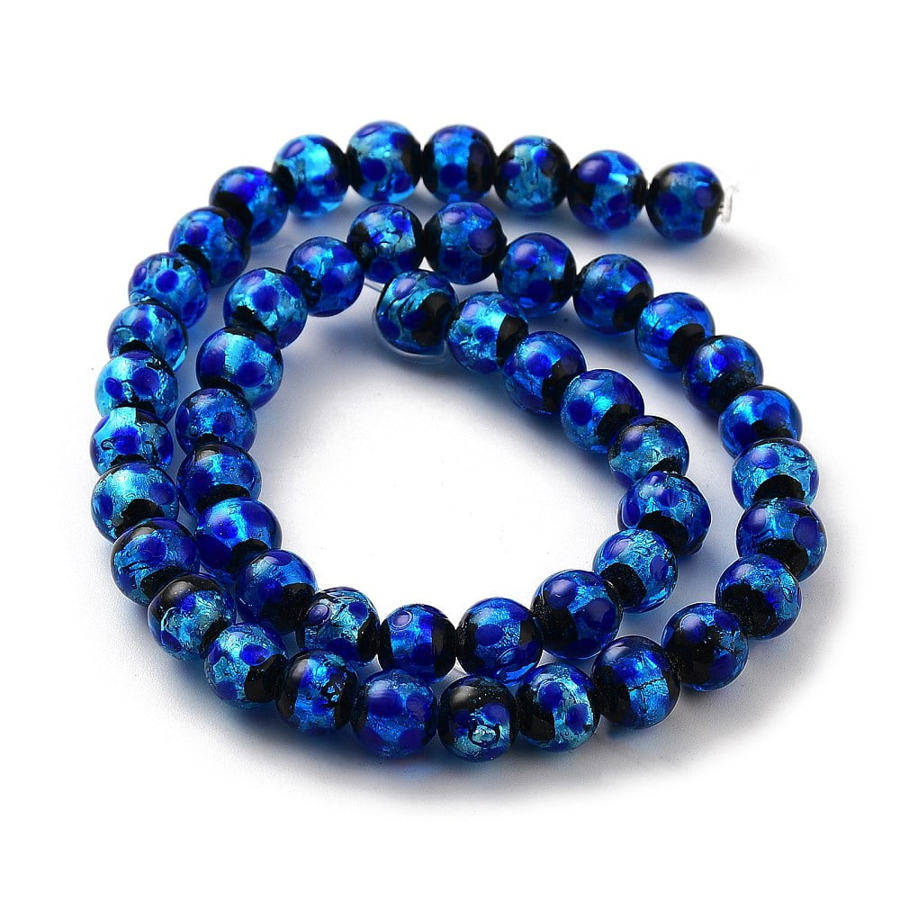 50pc Glow in the Dark Luminous Style Handmade Silver Foil Glass Round Beads Blue 8mm Hole: 1mm
