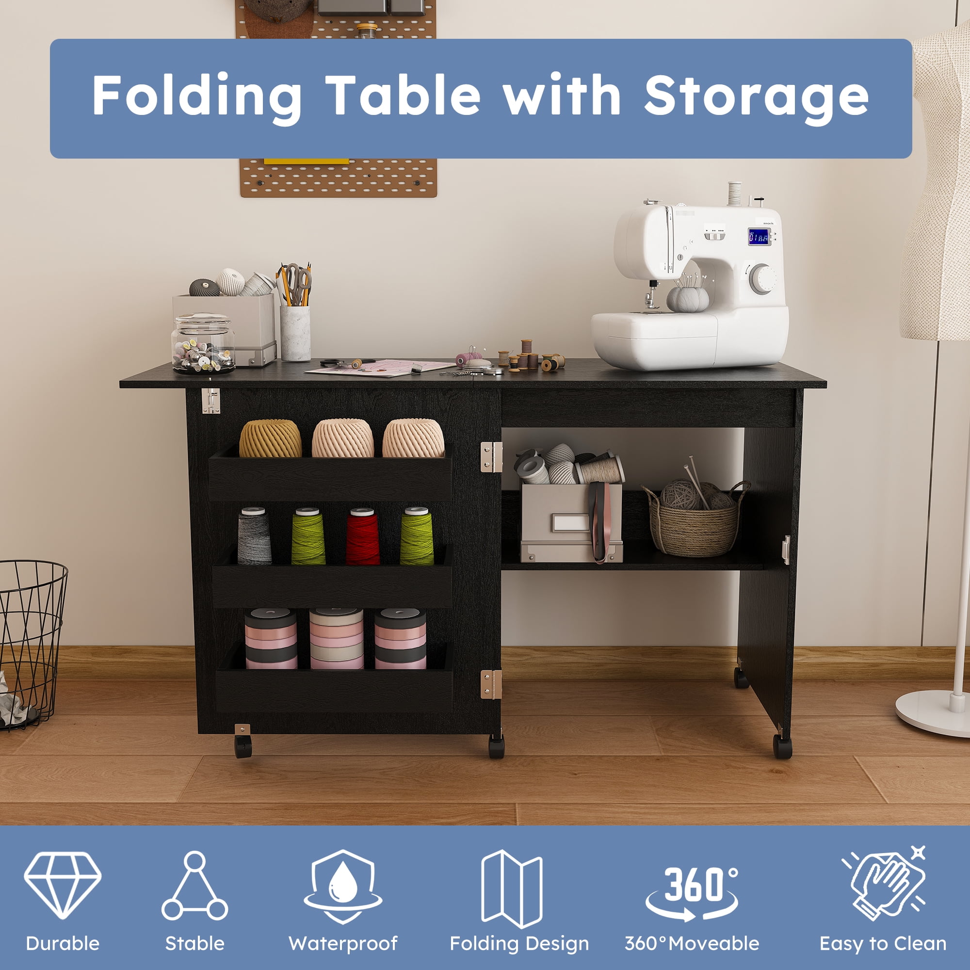 4-in-1 Folding Sewing Table with Storage 5 Wheels for Craft Room Bedroom Living Room