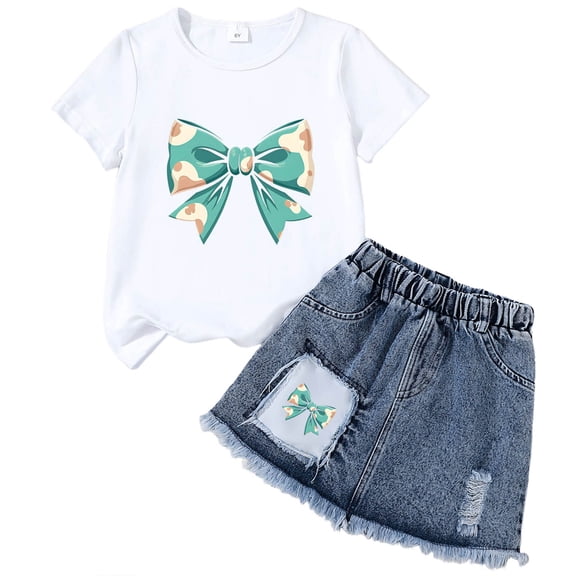 UAYOTSE Girls Clothes 2PC Summer Outfits Bow Short Sleeve T-shirts and Elastic Waist Shorts Set Kids Clothes Girls,Sizes 6-7 Years