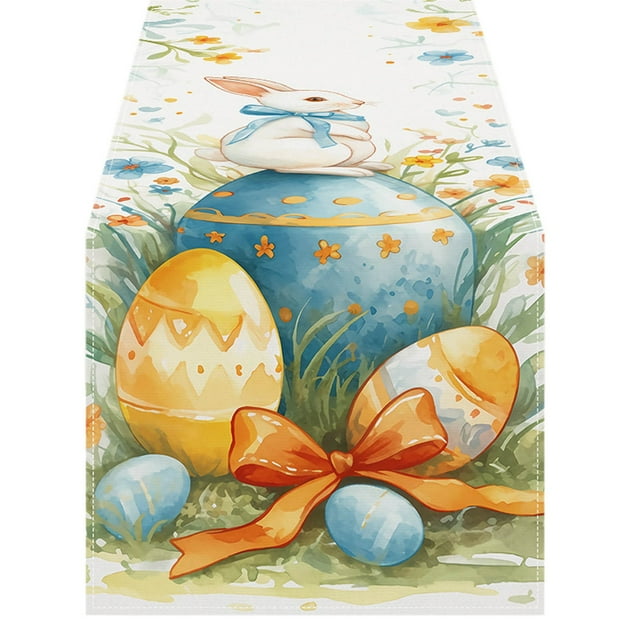 Easter Bow Table Runner - Linen Tablecloth with Festive Prints, 33x183cm Decorative Table Mat for Dining & Coffee Tables, Holiday Home Decor