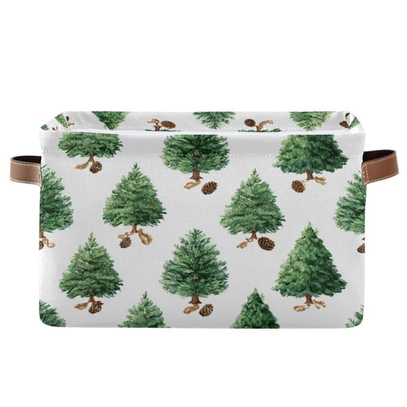 1-Pack Square Closet Organizers with Handles Open Basket Bins Watercolor Green Christmas Tree Storage Basket for Home Office