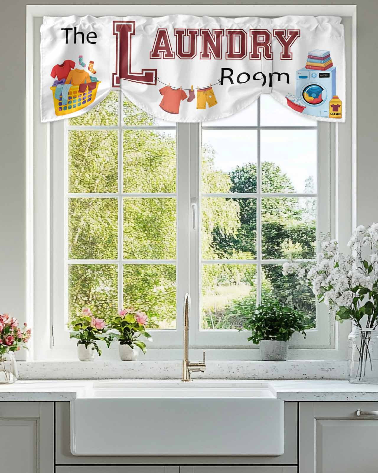 Laundry Tie Up Valances Curtain, Adjustable Kitchen The Laundry Room Valances for Windows Decor, Rod Pocket Short Curtains Set for Bedroom/Bathroom, 60"x18"
