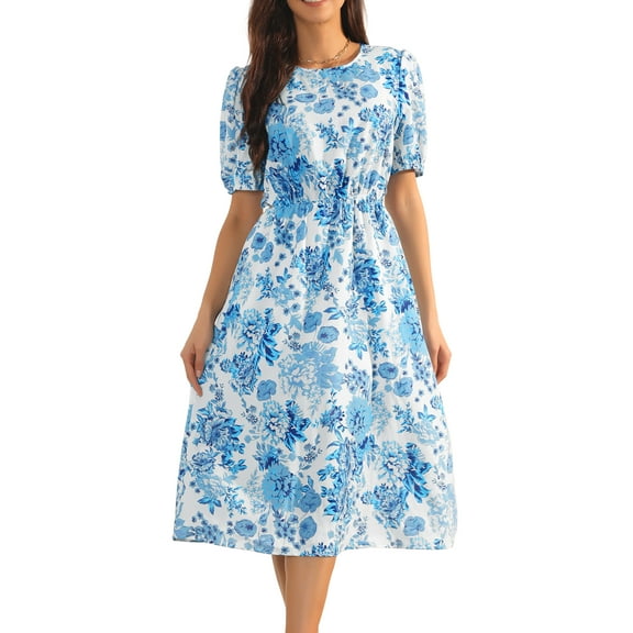Unique Bargains Women's Puff Sleeve Waist Cutout Midi Floral Dress with Pockets S Blue