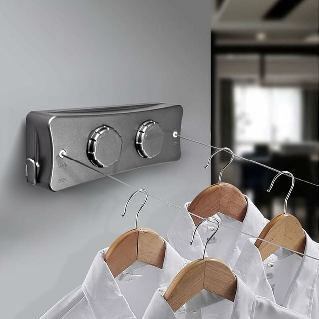 Retractable Clothesline with 2 x 5M Stainless Steel Wire, Adjustable for Indoor and Outdoor Use