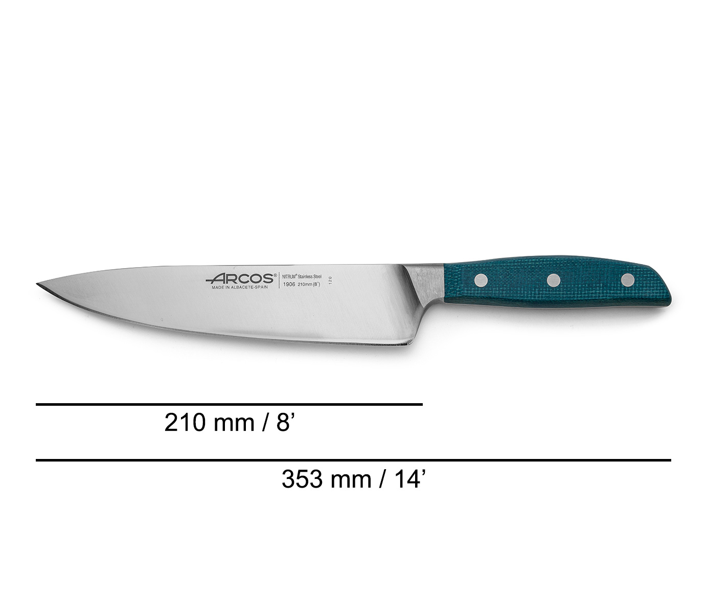 Arcos Brooklyn 8" Forged Chef Knife, Stainless Steel, Silver Blade, Blue Handle