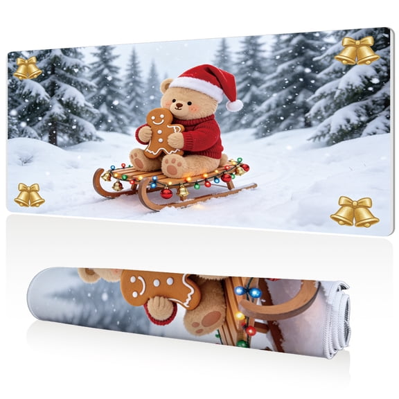 LIVEKEY Mouse Pad 80x40cm Extra Large Non Slip Stitched Durable Easy Clean Christmas Teddy Bear Sleigh Gingerbread Cookies for Gaming Office