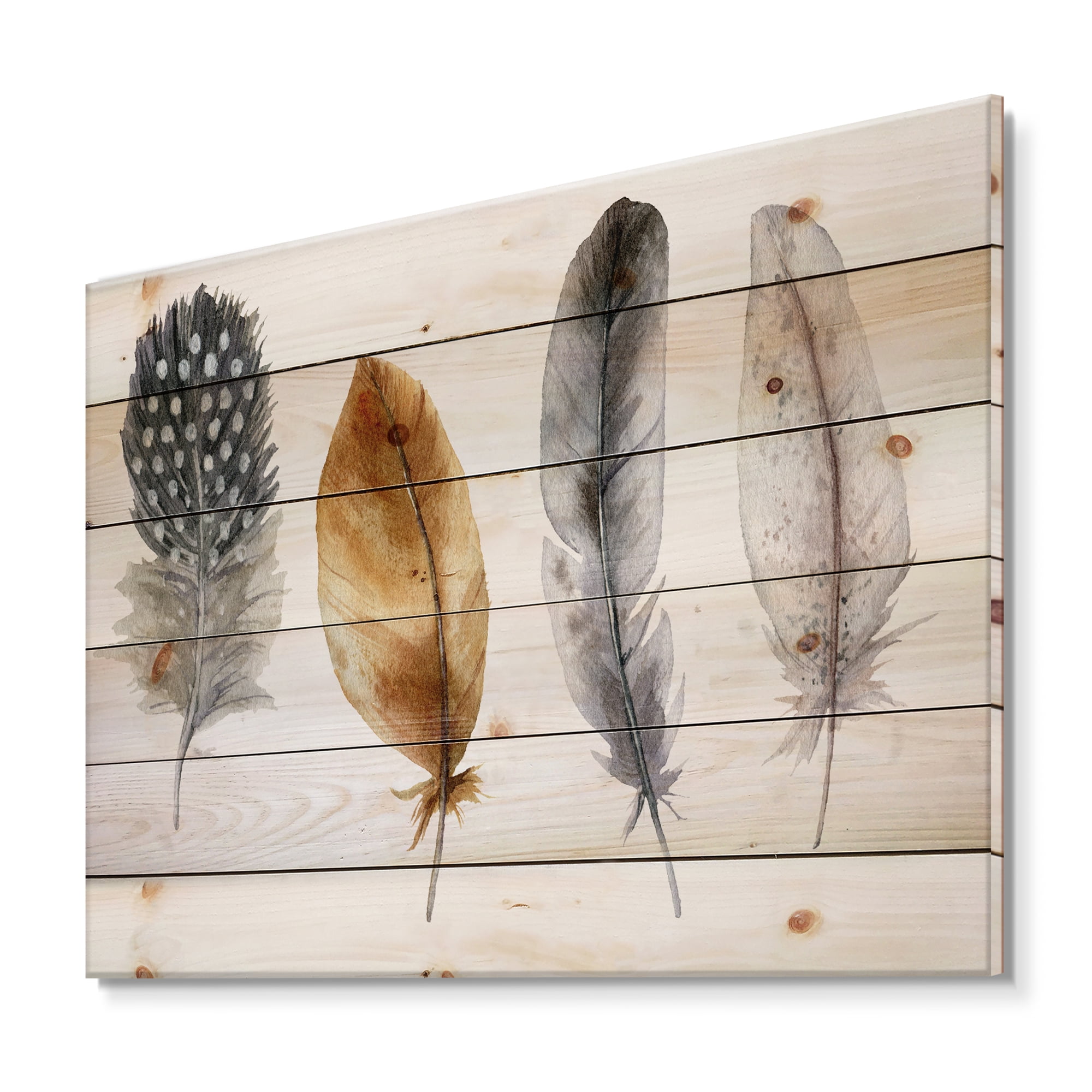 Designart 'Boho Feather In Blue and Orange Striped & Polka Dost' Bohemian & Eclectic Print on Natural Pine Wood