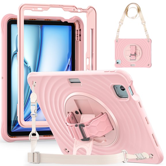 for iPad Air 11" 2025/2024 Case, Durable Protection Case with Rotate Stand, Portable Hand Strap & Shoulder Strap Pencil Holder, Case for iPad Pro 11" 2022/2021/2020/2018/iPad Air 5th/4th, Pink