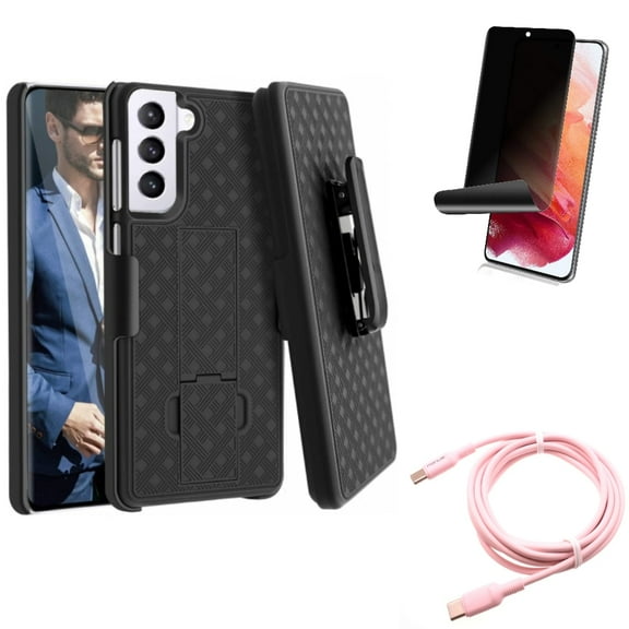 Pink 10ft Long Cable w Case Belt Clip w Privacy Screen Protector for Samsung Galaxy S21 Plus - USB-C to Type-C PD Fast Charger, Holster Swivel, TPU Film Fingerprint Works Accessory Bundle