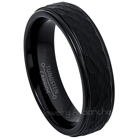 Tungsten Wedding Ring - Band for Mens & Womens- 6mm Hammered Tungsten Ring - Black IP Tungsten Band