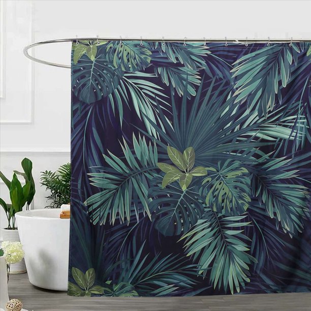 4X Cortina de Ducha Verde Hojas de Impresión de Planta Natural Moderno Poliéster BañO Cortinas Impermeables