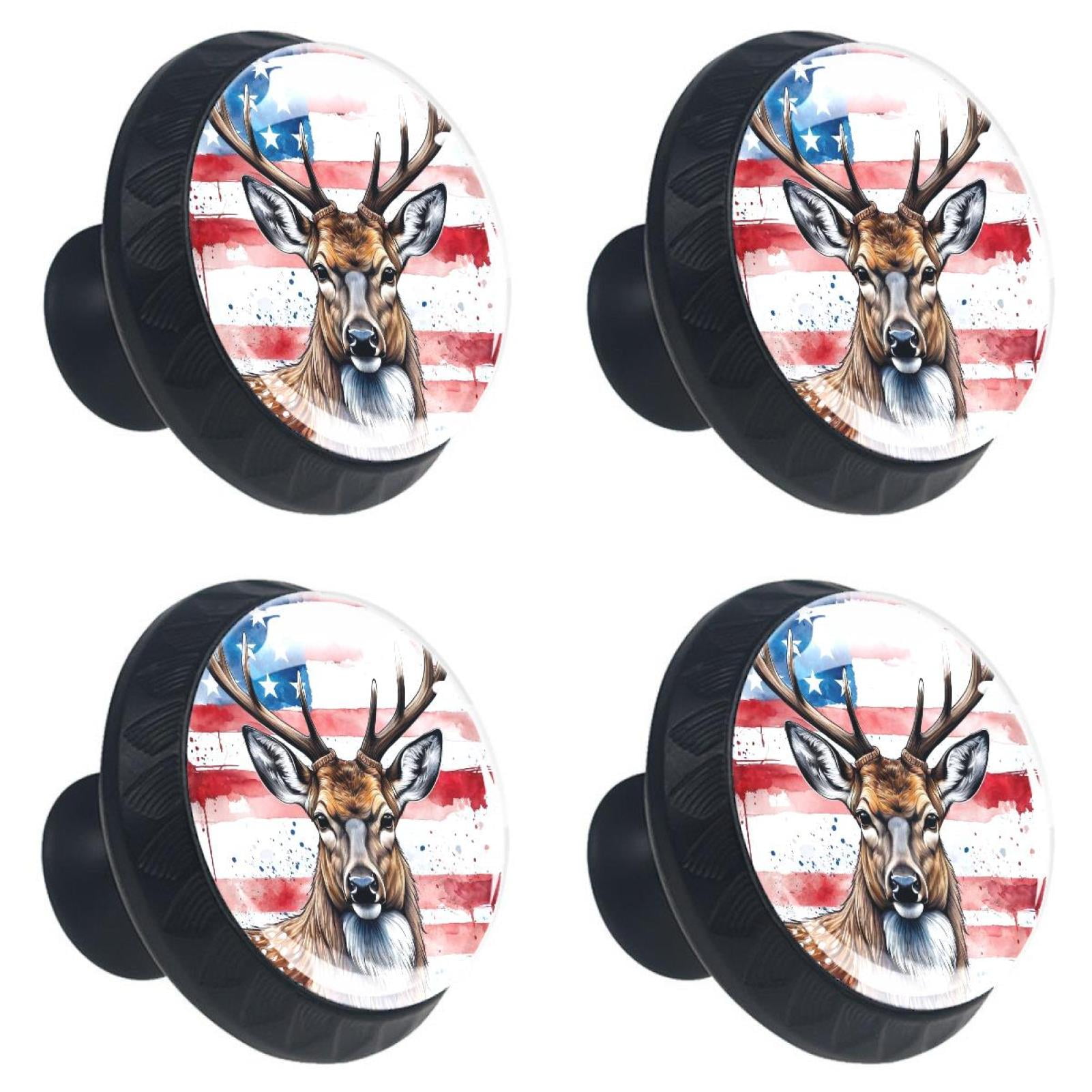 4 Pcs Deer and American Flag Knobs for Kitchen Cabinet Cupboard Dresser Bookcase Drawer Pulls Handles Round Home Decor