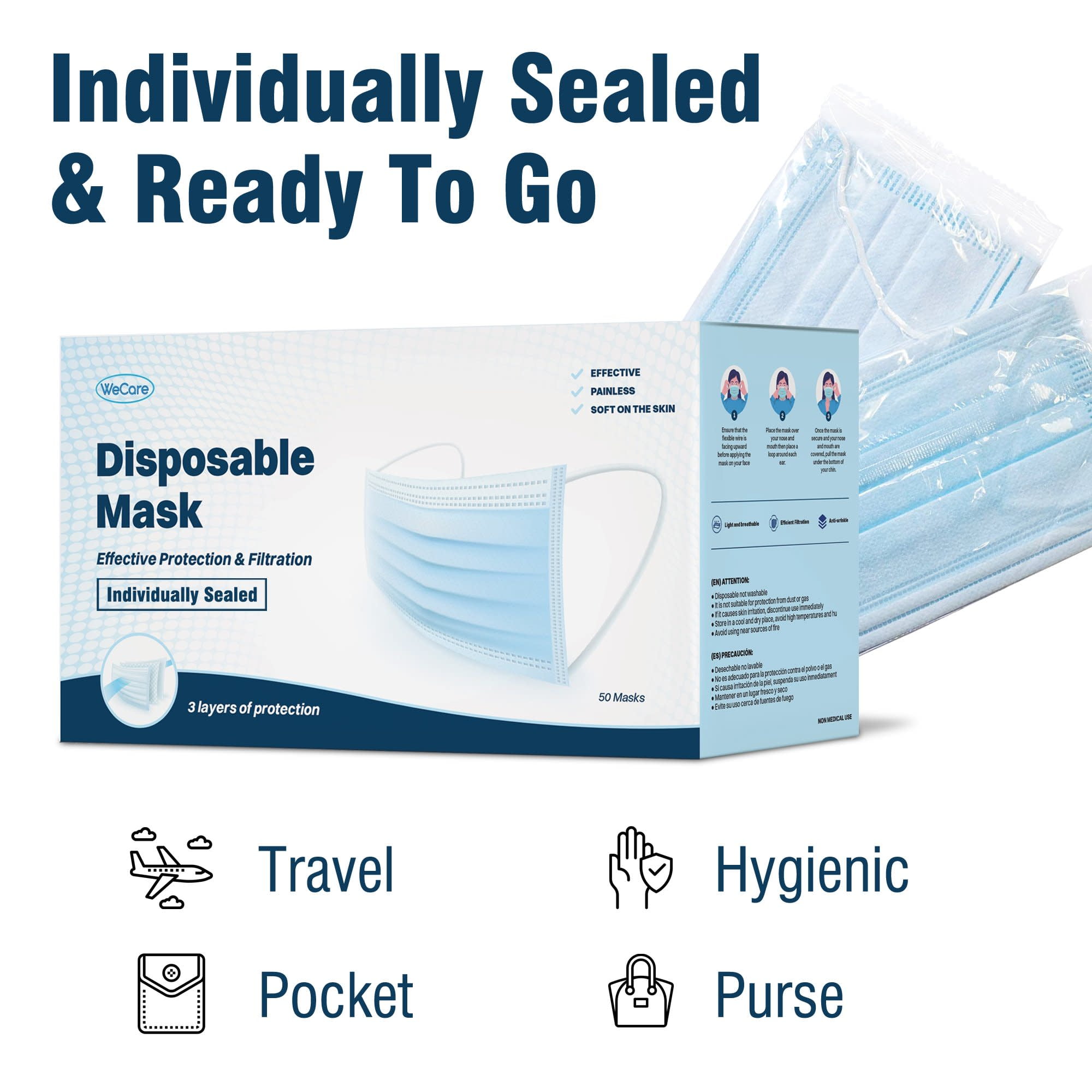 (40 Pack) Disposable Face Masks 3-Ply Individually Wrapped , 50ct - Blue