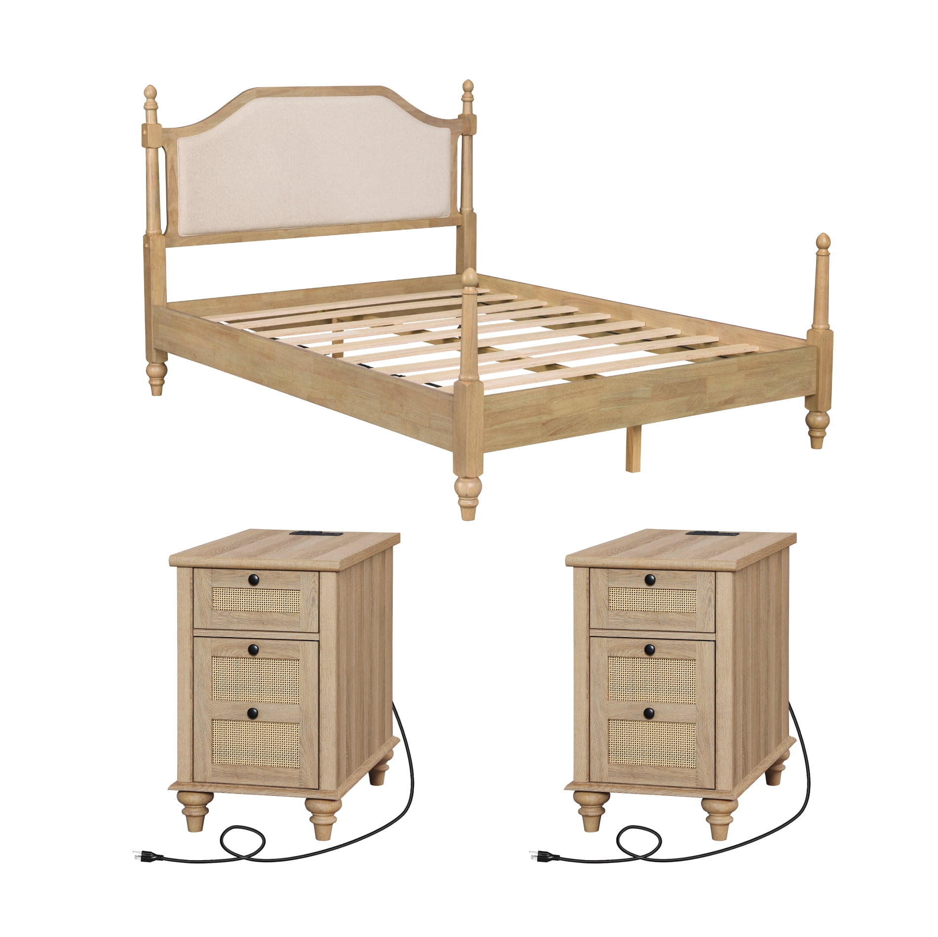 3 Piece Bedroom Furniture Set, Queen Bed Frame & 2 Rattan Nightstands, Charging Station, Drawer & Storage Cabinet, Oak