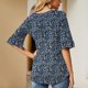 thumbnail image 4 of Camiseta Casual Falbala Cuello En V Media Manga Acampanada Tops Sueltos Básicos De Moda para Mujer Azul Floral XXL, 4 of 6