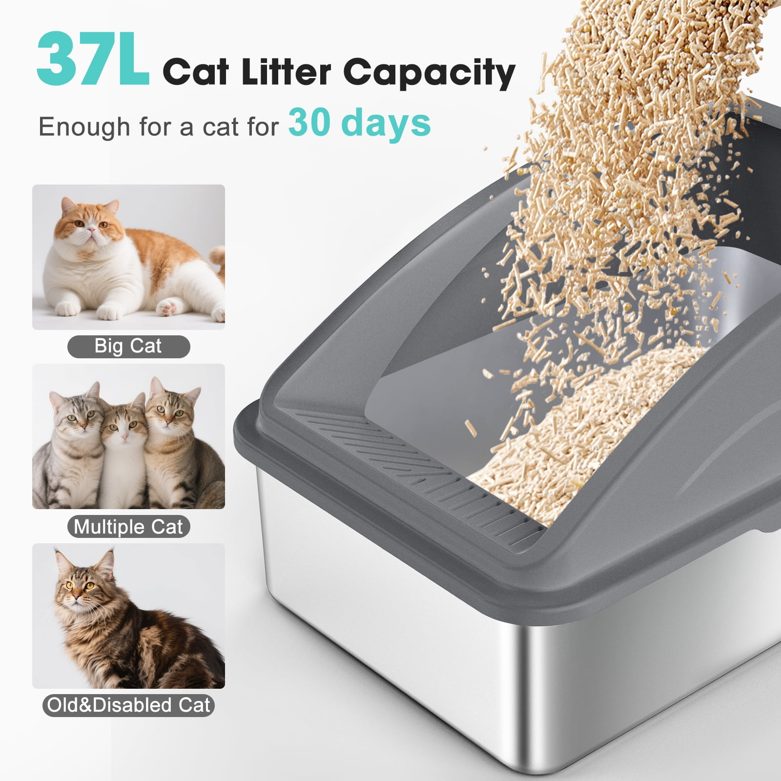 Extra Large Stainless Steel Cat Litter Box, Metal Litter Box with High Sides, XL Litter Boxes for Big Cats Multiple Cats, Include Scoop, Easy to Clean, Dark Gray