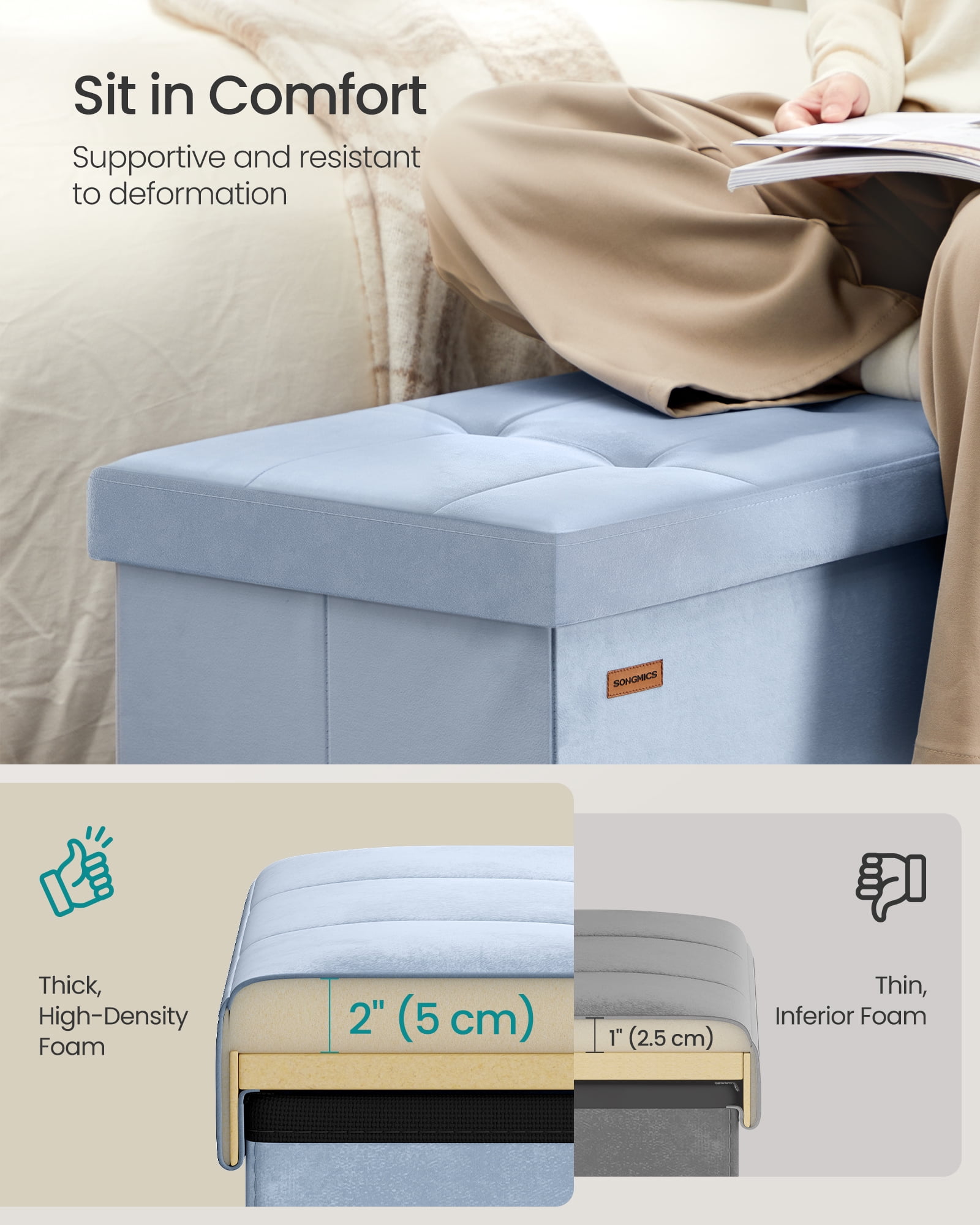 43 Inch Storage Ottoman, Foldable Velvet Bench with Flipping Lid & 660 lb Capacity, 35 Gal Storage for Living Room Bedroom, Pale Blue
